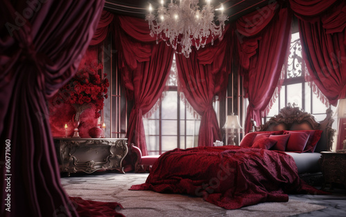 Red curtain Luxurious Ruby Elegance A Bedroom of Distinction, Generative AI	