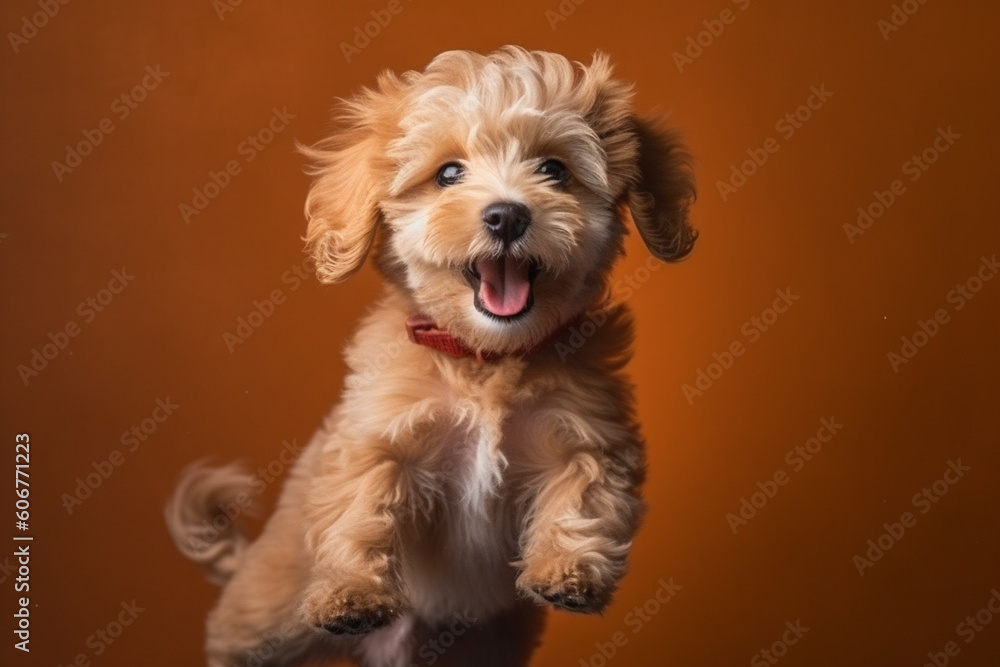 Maltipu puppy - red poodle and Maltese mix - happy jumping at studio, AI generated