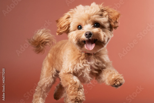 Maltipu puppy - red poodle and Maltese mix - happy jumping at studio over pink background, AI generated