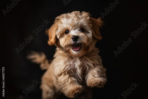 Maltipu puppy - red poodle and Maltese mix - happy jumping at studio