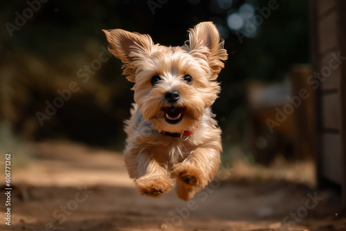 Maltipu puppy - red poodle and Maltese mix - happy jumping outdoor, AI generated © Khorzhevska