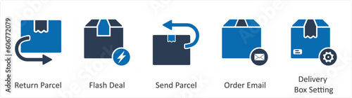 A set of 5 Business icon as return parcel, flash deal, send parcel