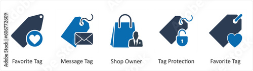A set of 5 Business icons as favorite tag, message tag, shop owner