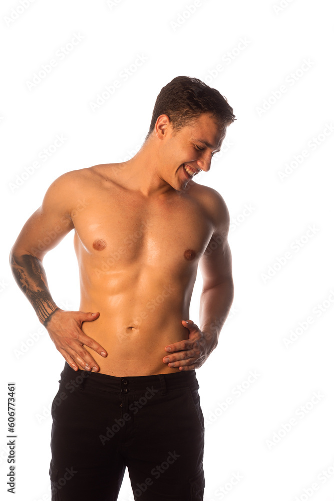 Attractive shirtless male in jeans, isolated on white Attractive shirtless male in jeans, isolated on white