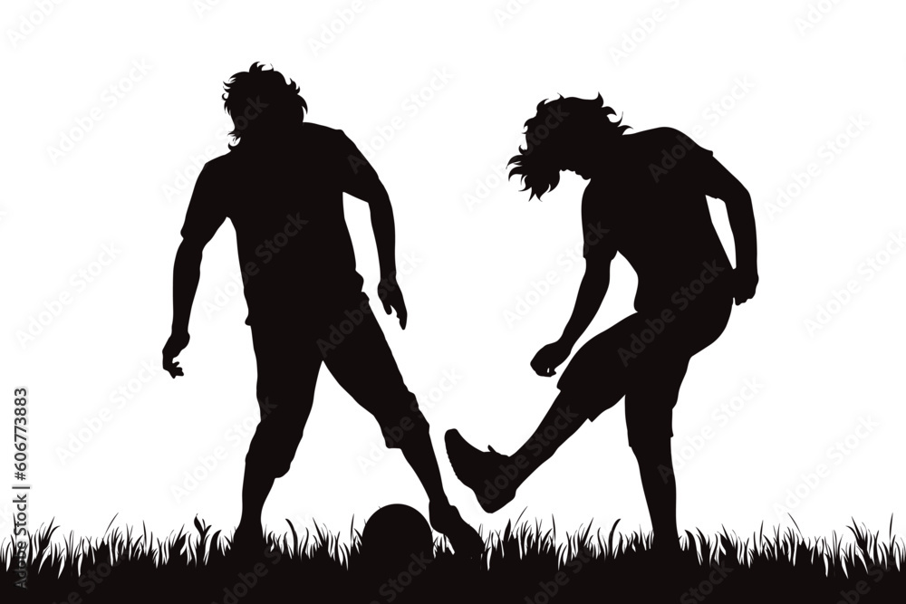 Vector silhouette of pair of men playing soccer on white background.