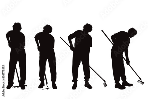 Set of vector silhouette of men with gardens tools on white background.