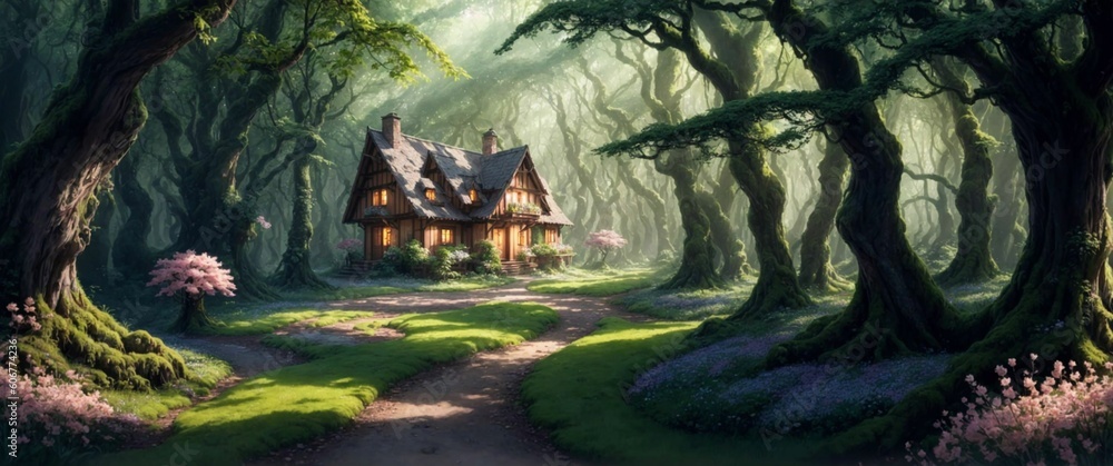 Naklejka premium Landscape of a beautiful wooden house deep in the fairytale enchanted forest with big trees and lush vegetation, on a calm spring day - Generative AI Illustration