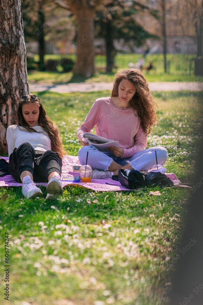 School girls studying before exam in the park School girls studying before exam in the park