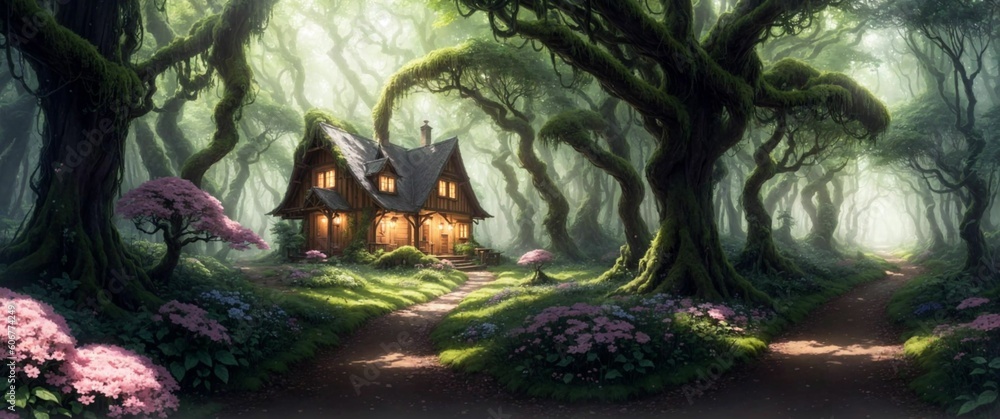 Fototapeta premium Landscape of a beautiful wooden house deep in the fairytale enchanted forest with big trees and lush vegetation, on a calm spring day - Generative AI Illustration