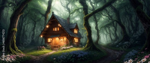 Landscape of a beautiful wooden house deep in the fairytale enchanted forest with big trees and lush vegetation, on a calm spring day - Generative AI Illustration © Starstruck