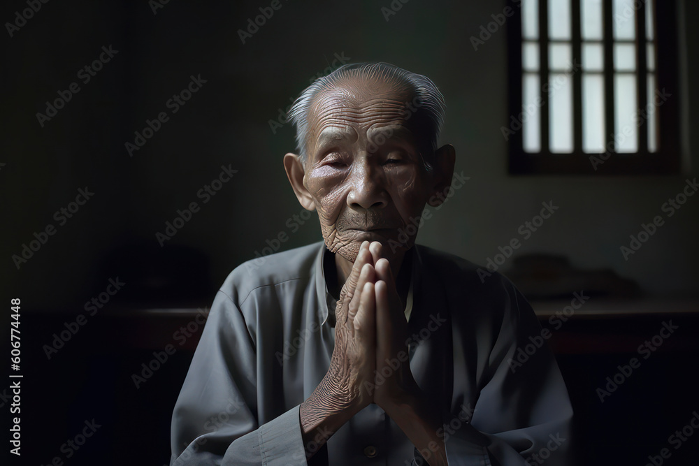 Portrait of an old Asian man praying in the old house. Portrait of an old Asian man praying in the old house.
