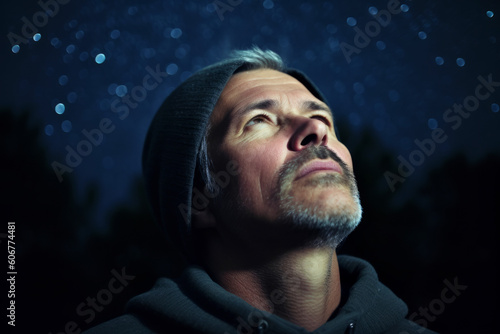 Portrait of a man looking up at night with stars in the background
