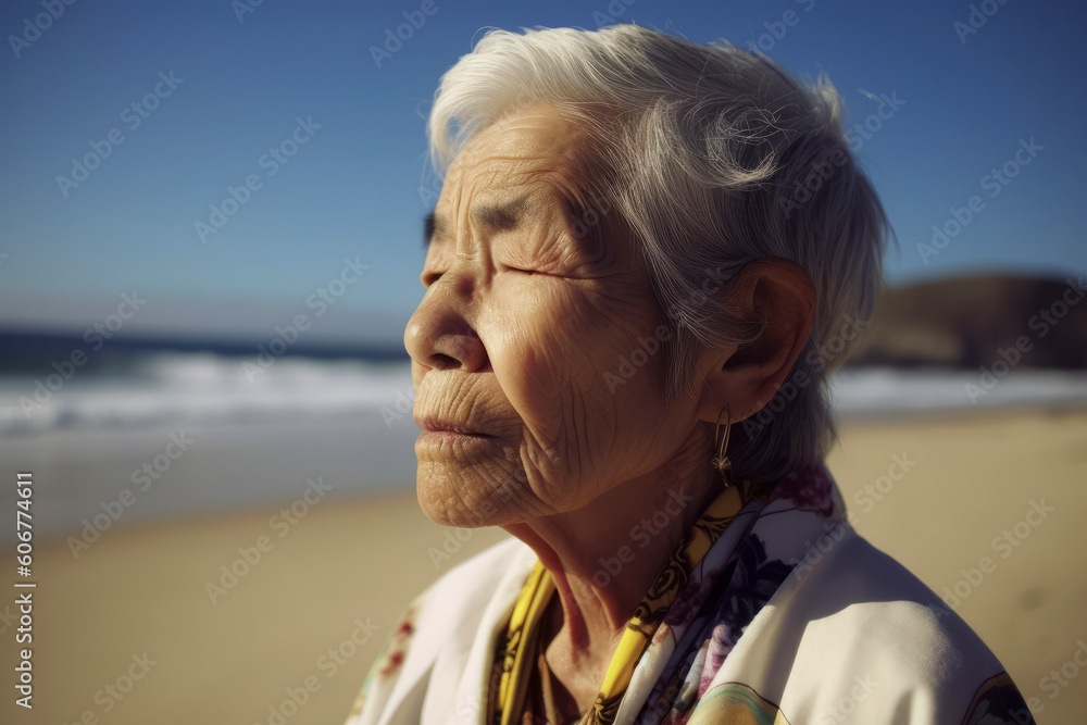Portrait of a senior asian woman on the beach in sunny day Portrait of a senior asian woman on the beach in sunny day