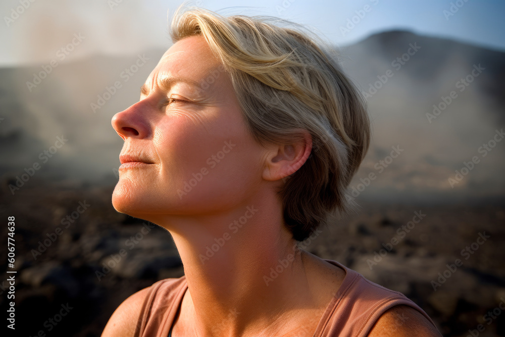 Portrait of a beautiful woman with closed eyes in front of volcanic background