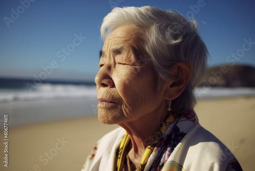 Portrait of a senior asian woman on the beach in sunny day