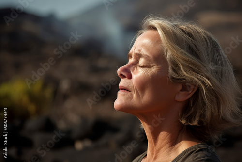 Medium shot portrait photography of a woman in her 50s practicing mindfulness sophrology relaxation & stress-reduction wearing a casual t-shirt against a volcano or lava background