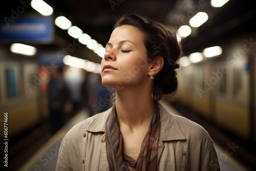 Portrait of a beautiful young woman with closed eyes at the subway station