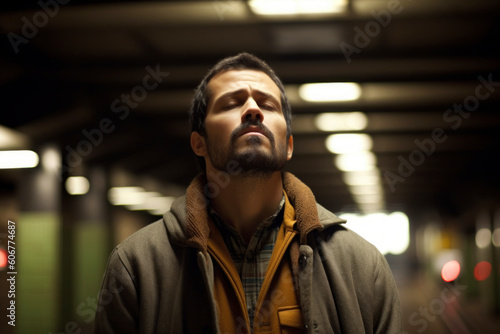 Young man in the subway at night. Shallow depth of field.