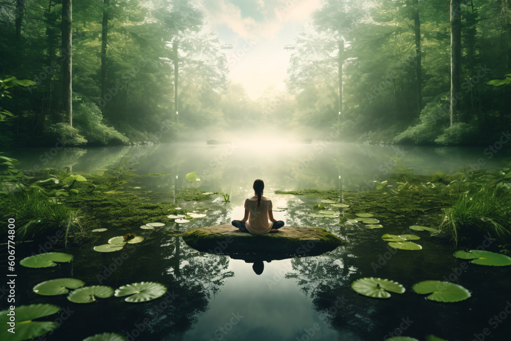 Woman in lotus position in nature. Unplugging.  Generative AI
