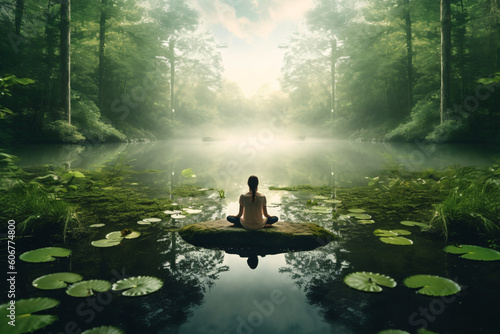 Woman in lotus position in nature. Unplugging. Generative AI