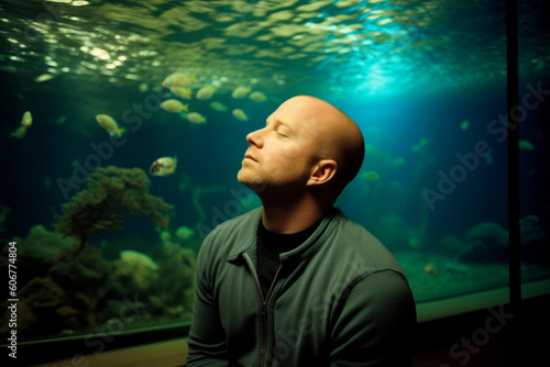 Portrait of a young man looking at the fish in the aquarium