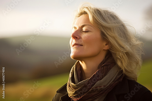 Portrait of a beautiful woman with closed eyes in the countryside.