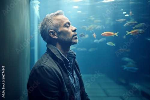Portrait of a man looking at a fish tank in the aquarium