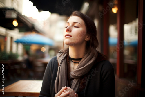 Portrait of a beautiful young woman with closed eyes in a cafe