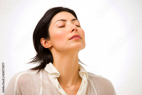 Portrait of a beautiful young woman with closed eyes on white background