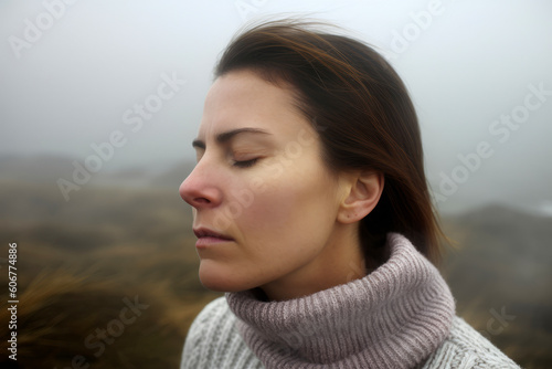 Portrait of a young woman on a foggy autumn day.