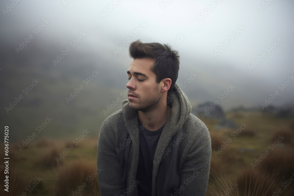 Young handsome man on a foggy day in the mountains, looking away