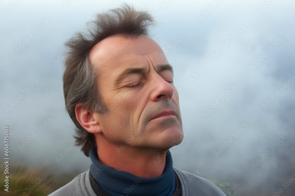 Close-up portrait photography of a man in his 60s practicing mindfulness sophrology relaxation & stress-reduction wearing a fun graphic tee against a foggy or misty landscape background