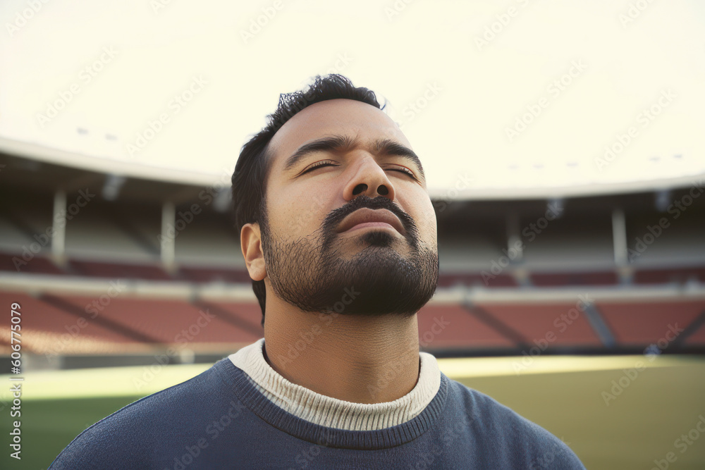 Portrait of a young man with beard, looking up at stadium Portrait of a young man with beard, looking up at stadium