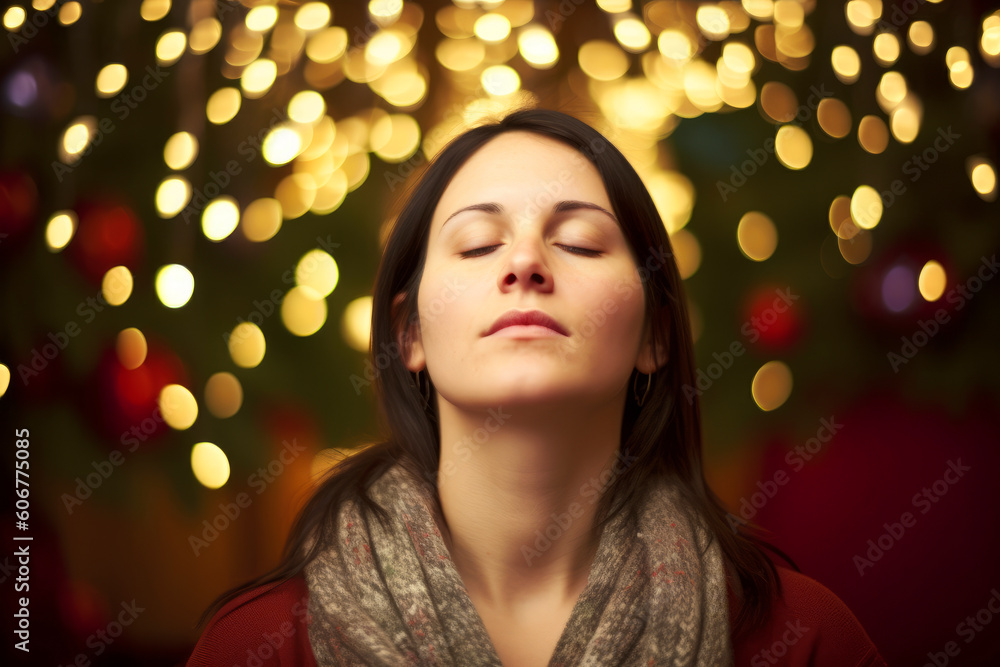 Group portrait photography of a woman in her 30s practicing mindfulness sophrology relaxation & stress-reduction wearing a chic cardigan against a christmas or holiday themed background