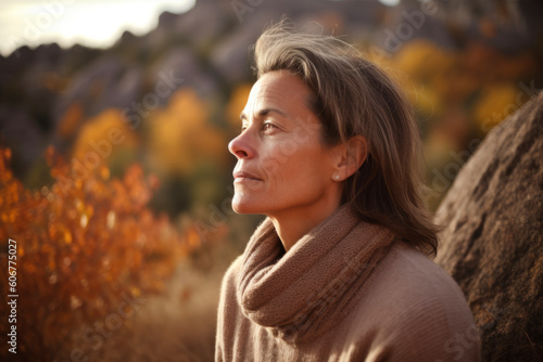 Portrait of a middle-aged woman in the autumn forest.