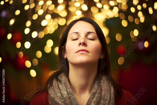 Obraz na płótnie Group portrait photography of a woman in her 30s practicing mindfulness sophrology relaxation & stress-reduction wearing a chic cardigan against a christmas or holiday themed background w salonie