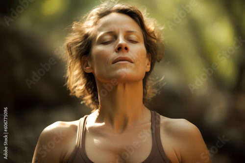 Portrait of a young woman with closed eyes in the forest.