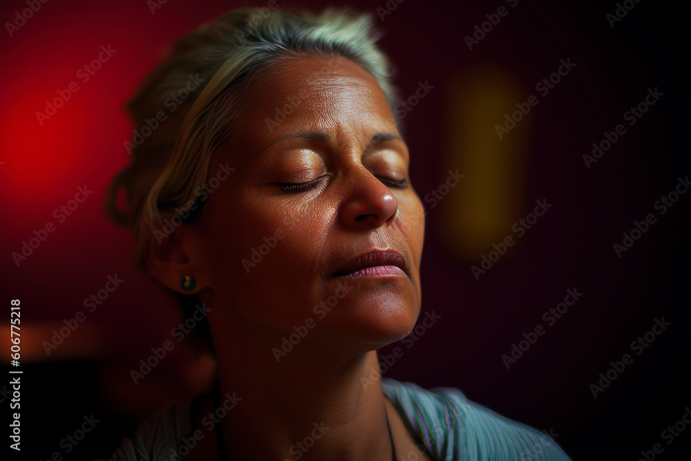 Portrait of a beautiful woman with closed eyes in a nightclub. Portrait of a beautiful woman with closed eyes in a nightclub.