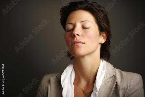 Portrait of a young business woman with closed eyes on gray background