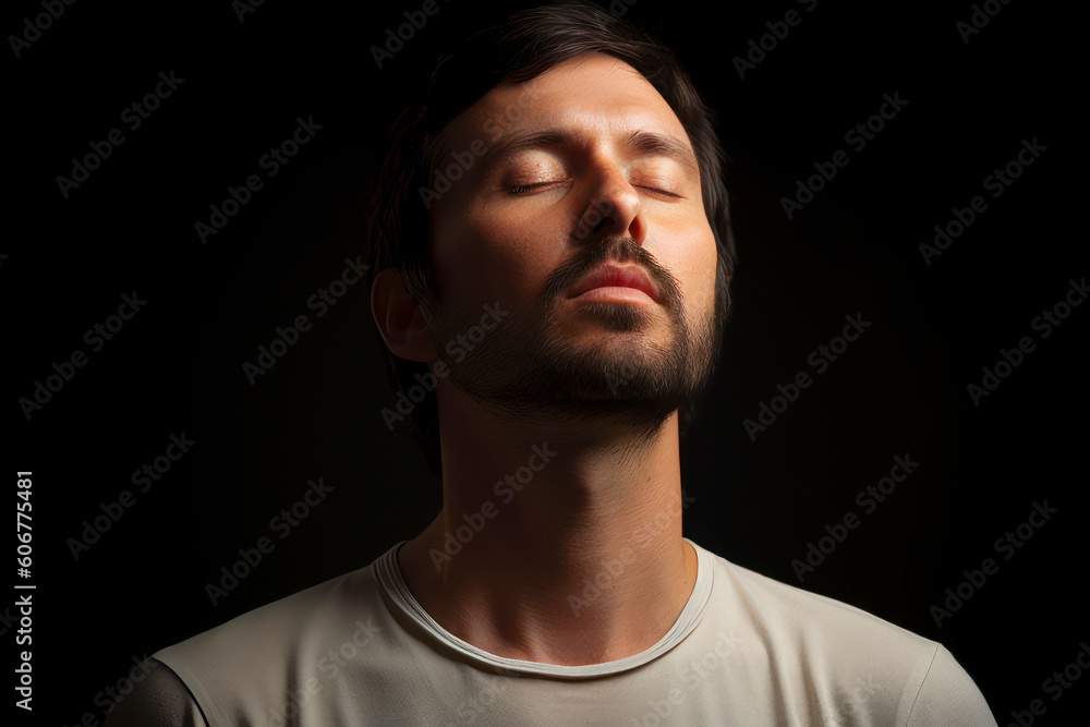 Portrait of a young man with closed eyes, isolated on black background