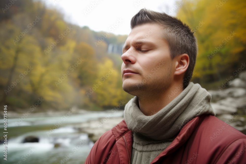 Portrait of a young man in a red jacket on the background of a mountain river Portrait of a young man in a red jacket on the background of a mountain river