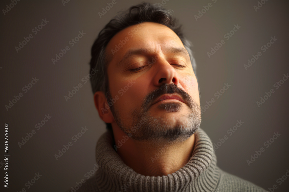 Obraz premium Portrait of a man with a beard in a gray sweater.