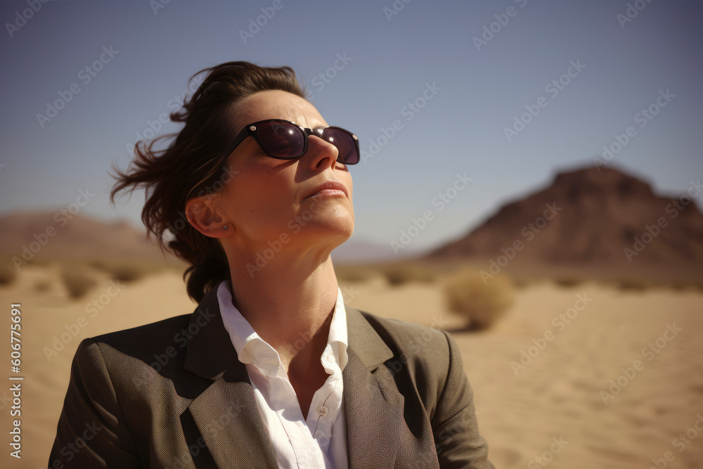 Businesswoman in the middle of the desert. Wearing sunglasses. Businesswoman in the middle of the desert. Wearing sunglasses.