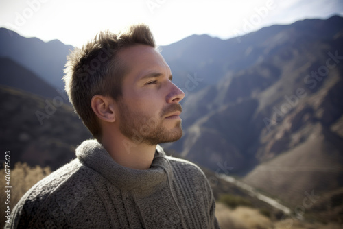 Obraz na płótnie Group portrait photography of a man in his 30s practicing mindfulness sophrology relaxation & stress-reduction wearing a cozy sweater against a mountain valley or canyon background w salonie