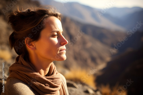 portrait of a young woman in the mountains at sunset in autumn
