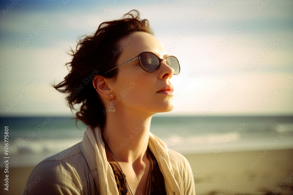Portrait of beautiful young woman wearing sunglasses on the beach at sunset Portrait of beautiful young woman wearing sunglasses on the beach at sunset