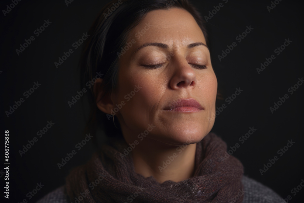 Fototapeta premium Portrait of a woman with closed eyes on a black background.