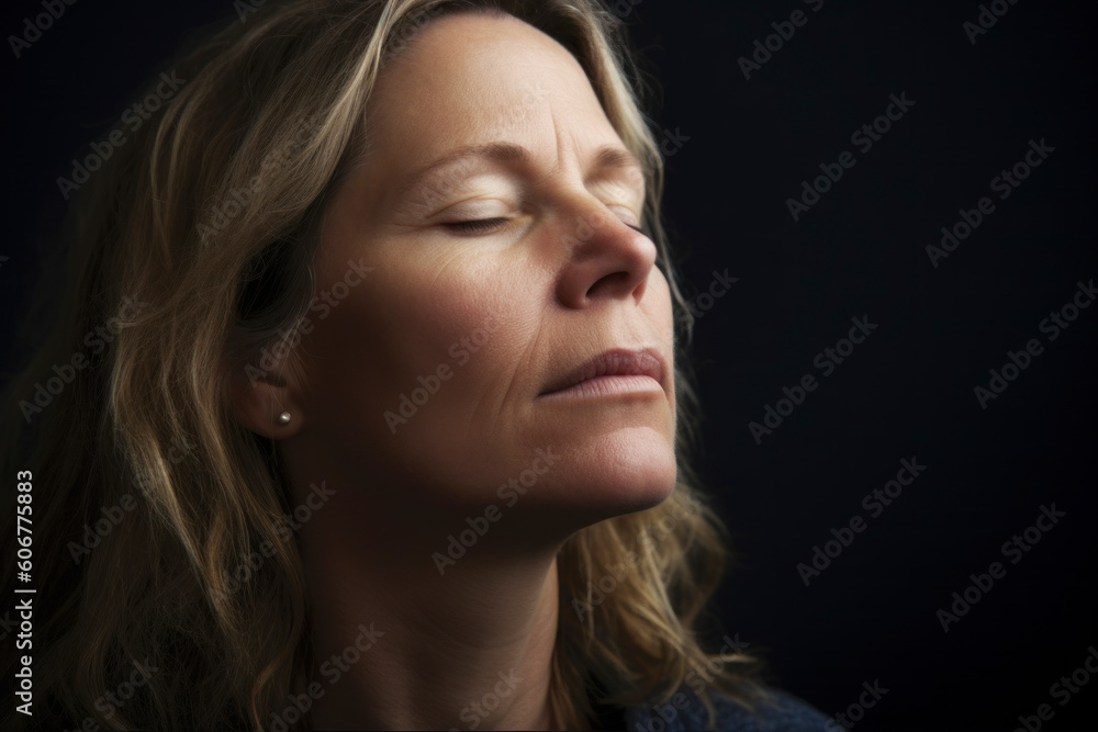 Close-up portrait of a woman with closed eyes on black background Close-up portrait of a woman with closed eyes on black background