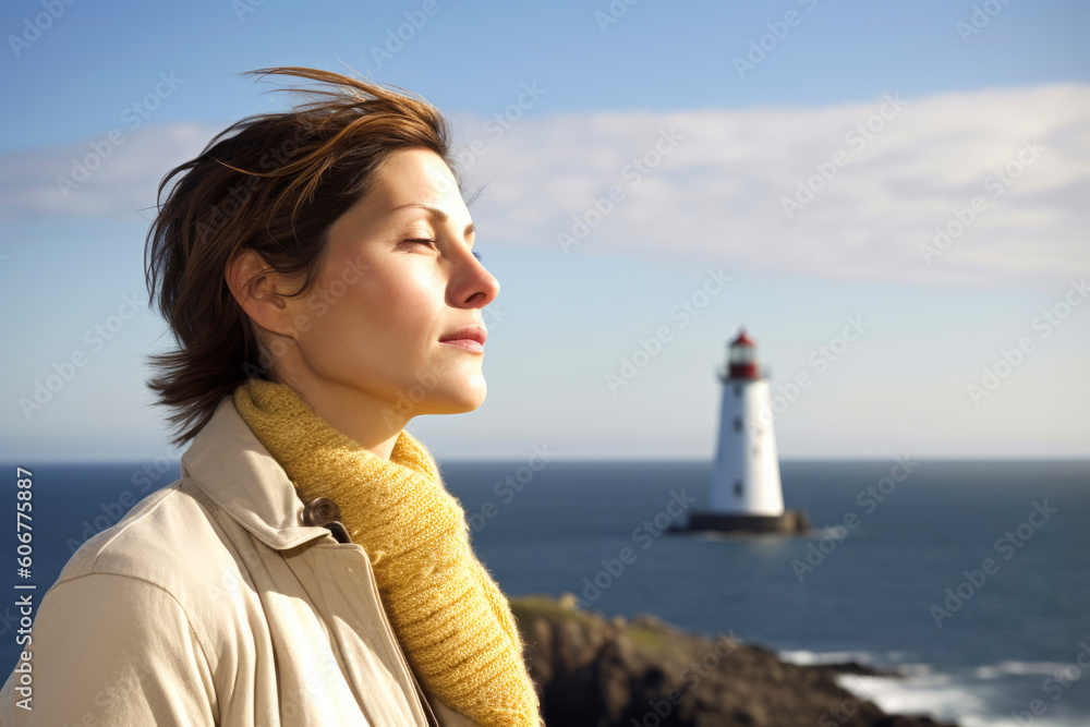 Portrait of a young woman standing in front of a lighthouse, looking away