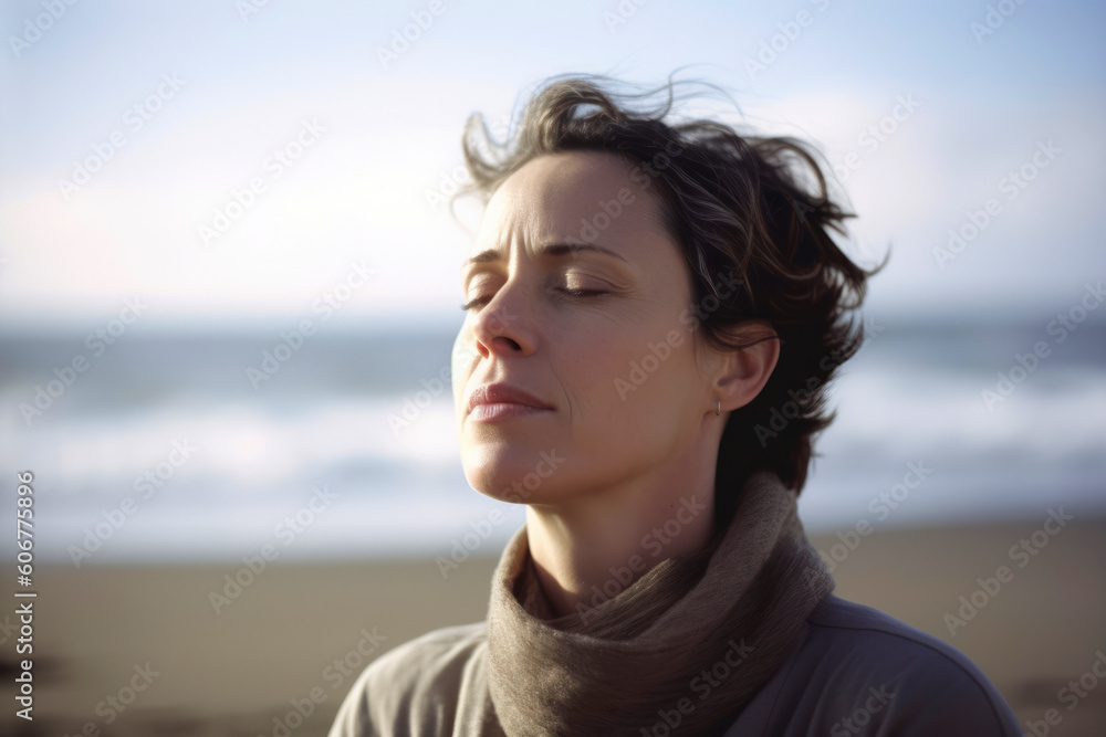 Portrait of a beautiful young woman with eyes closed on the beach